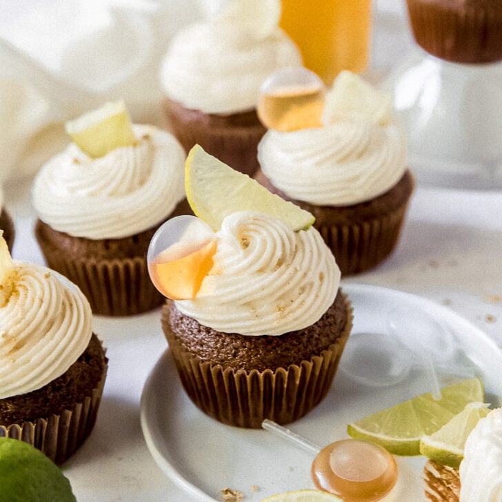 dark n stormy cupcake with lime slice and alcohol pipette on frosting