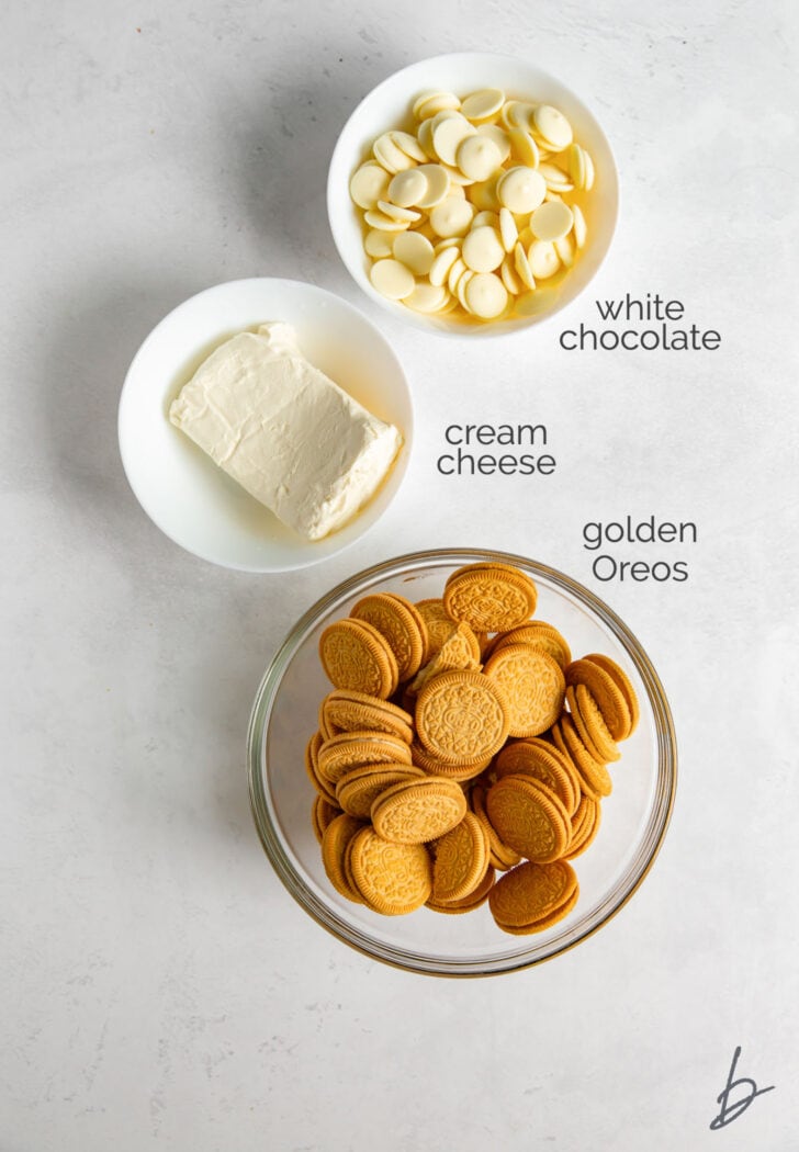golden oreo truffle ingredients in bowls labeled with text