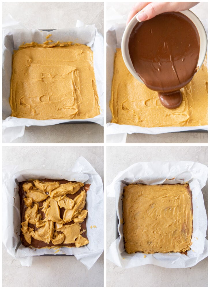 photo collage demonstrating how to layer nutella blondies in an 8x8 baking pan