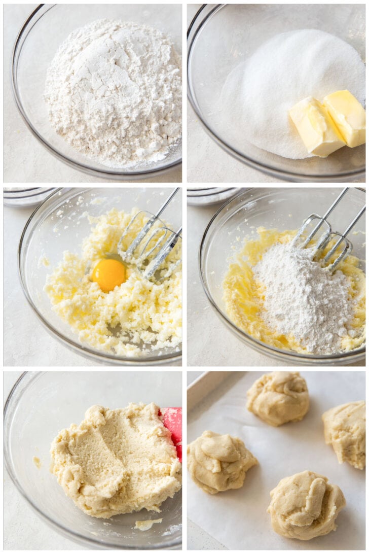 photo collage demonstrating how to make almond bar dough in a glass mixing bowl