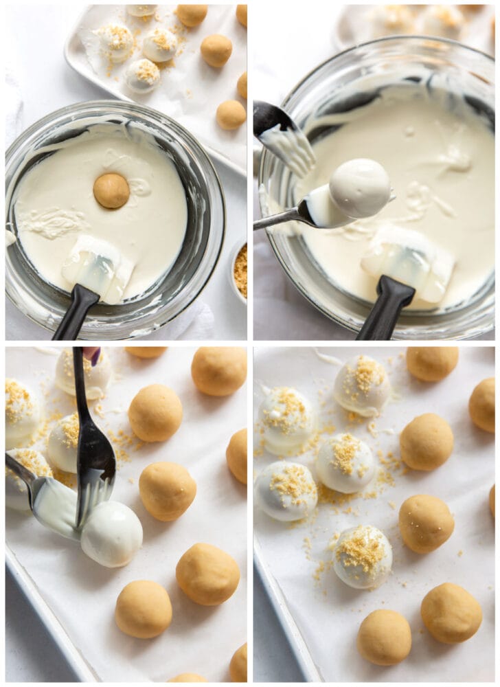 photo collage demonstrating how to dip golden oreo truffles in white chocolate and transfer to a baking sheet