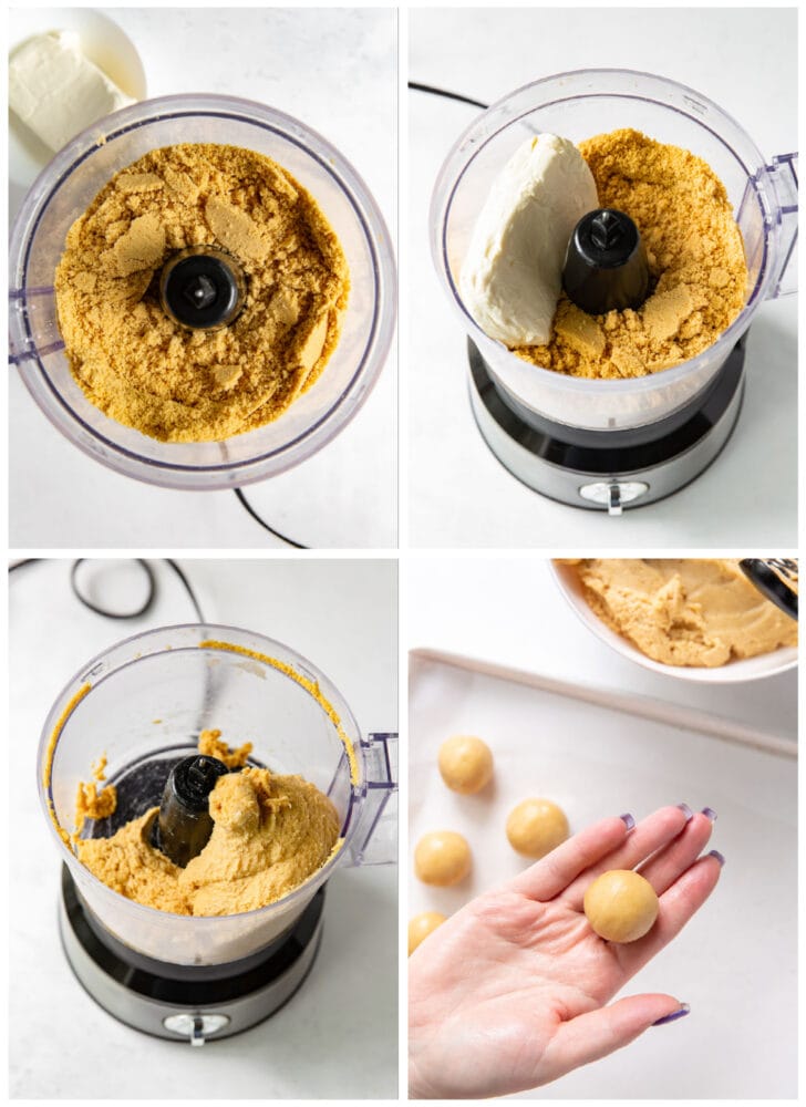 photo collage demonstrating how to make golden oreo truffle dough in a food processor and roll into balls