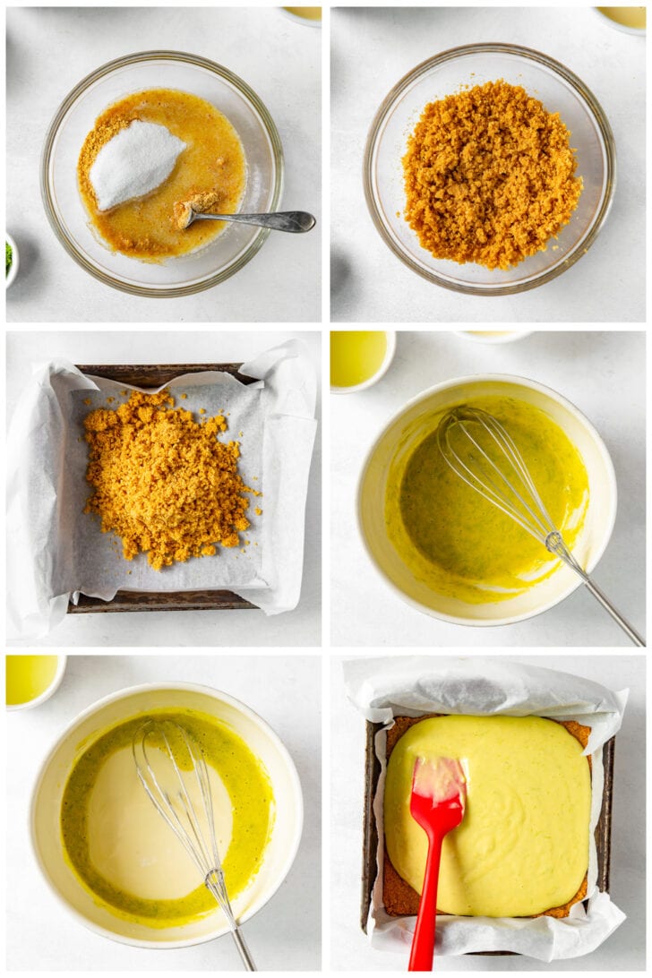 photo collage demonstrating how to make key lime pie bars with graham cracker crust