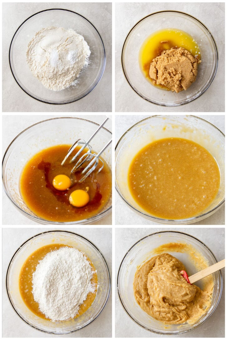 photo collage demonstrating how to make nutella blondie batter in a mixing bowl