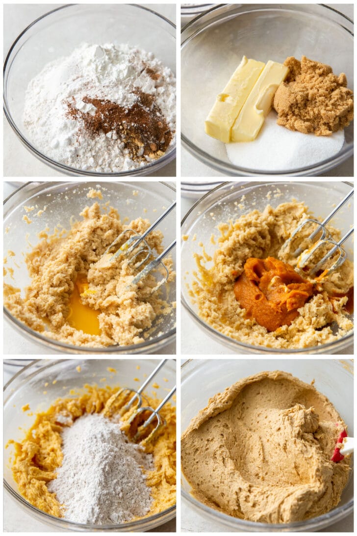 photo collage demonstrating how to make pumpkin snickerdoodle cookie dough in a mixing bowl