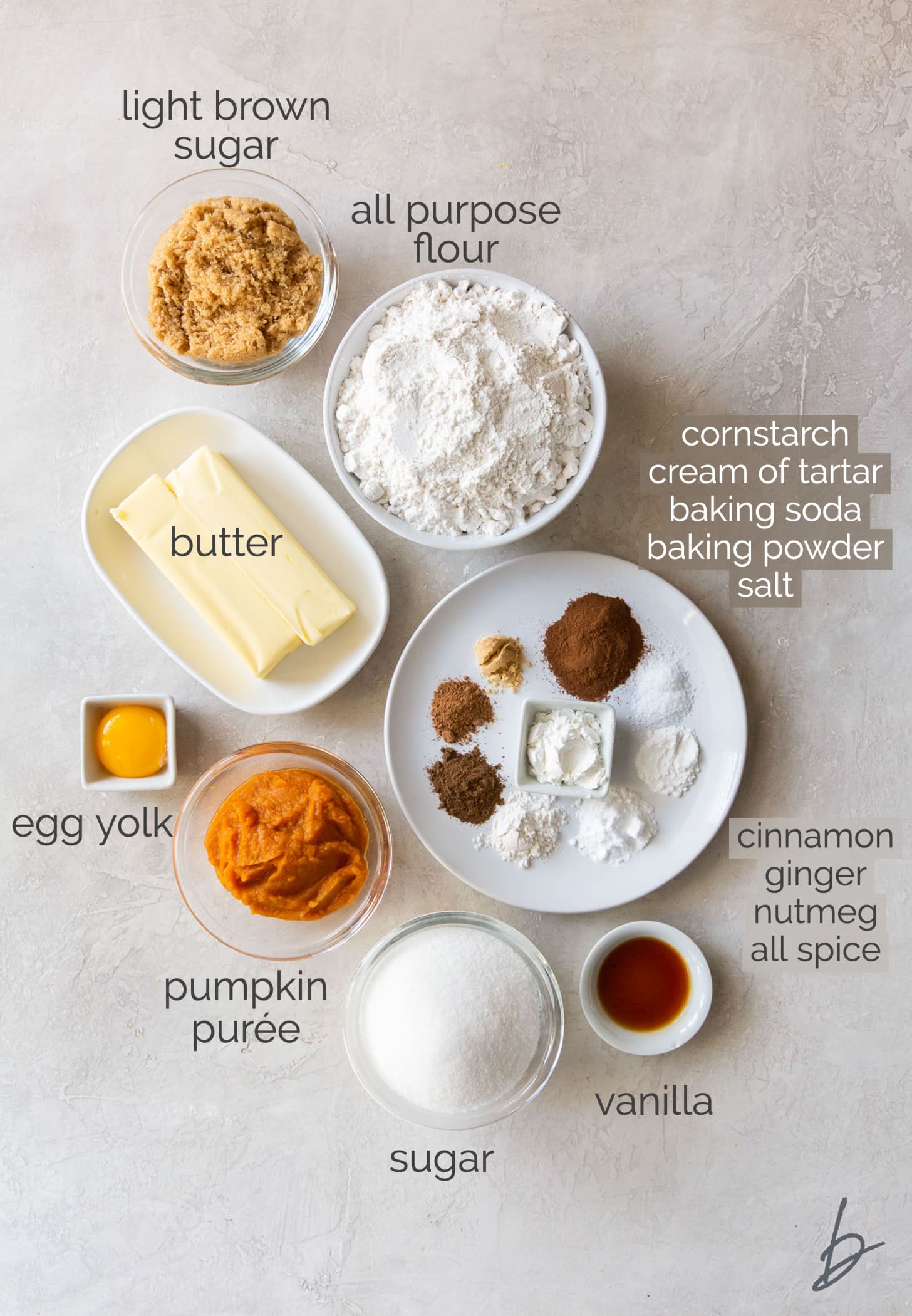 pumpkin snickerdoodle ingredients in bowls labeled with text