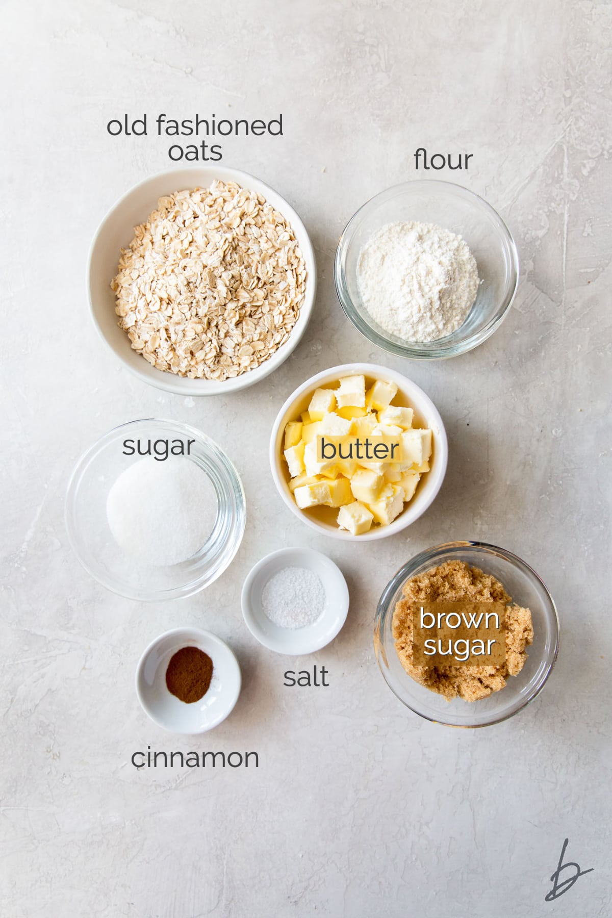 triple berry crisp topping ingredients in bowls labeled with text