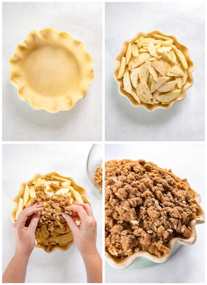 photo collage demonstrating how to assemble apple crumble pie