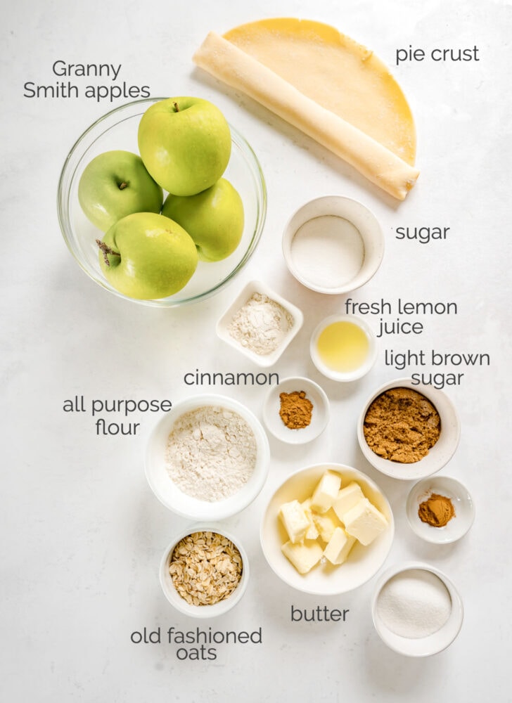 apple crumble pie ingredients in bowls labeled with text