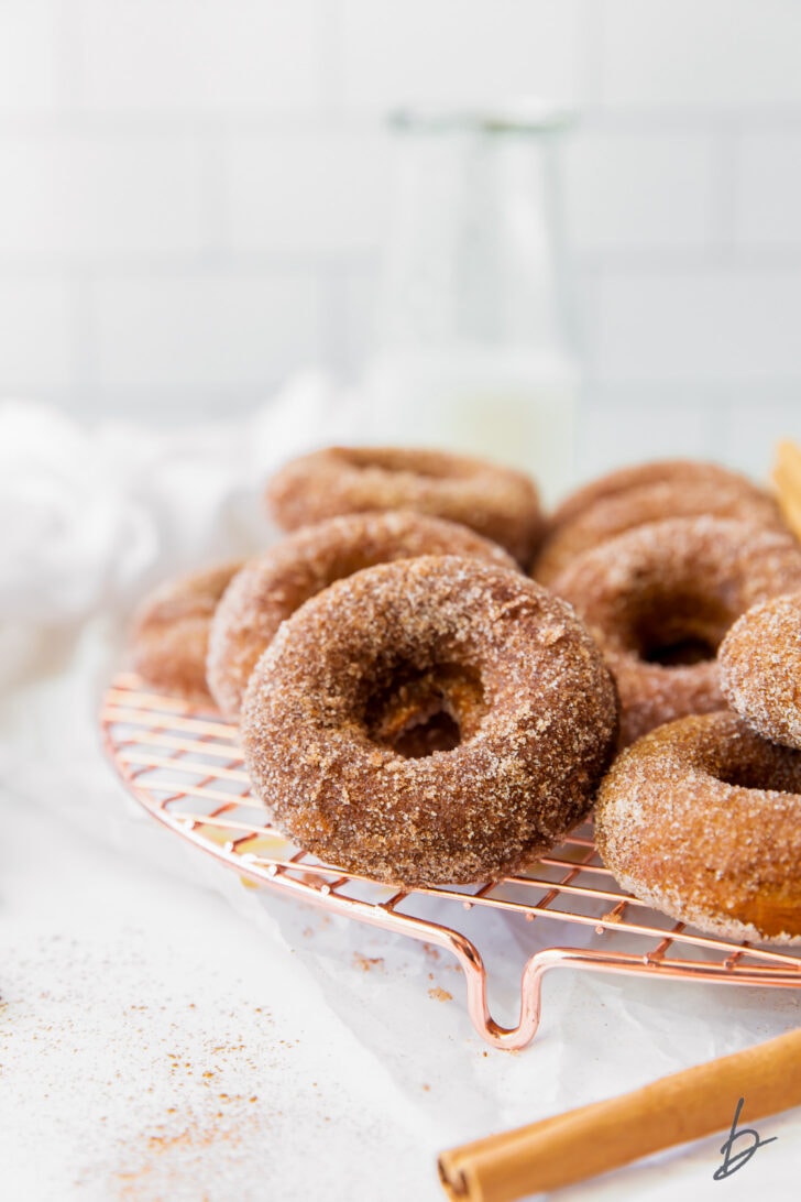 cinnamon sugar coated baked pumpkin donuts on wire cooling rack