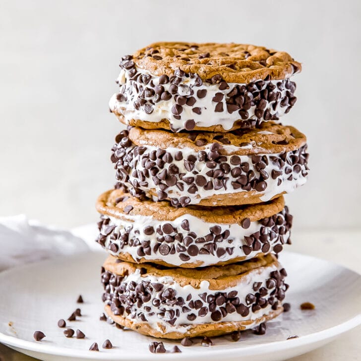 stack of four homemade chipwich ice cream sandwiches