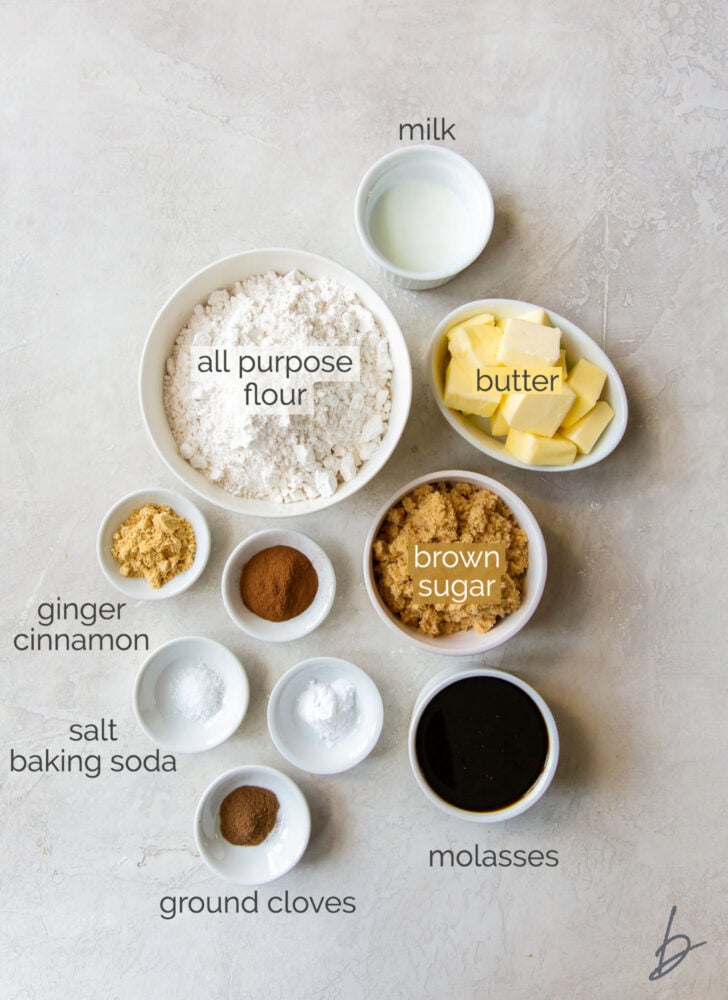 gingerbread man cookie ingredients in bowls labeled with text