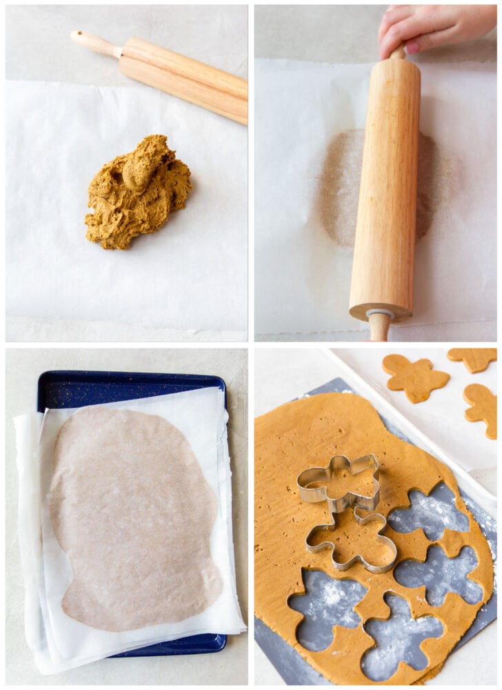 photo collage demonstrating how to roll and cut gingerbread man cookie dough