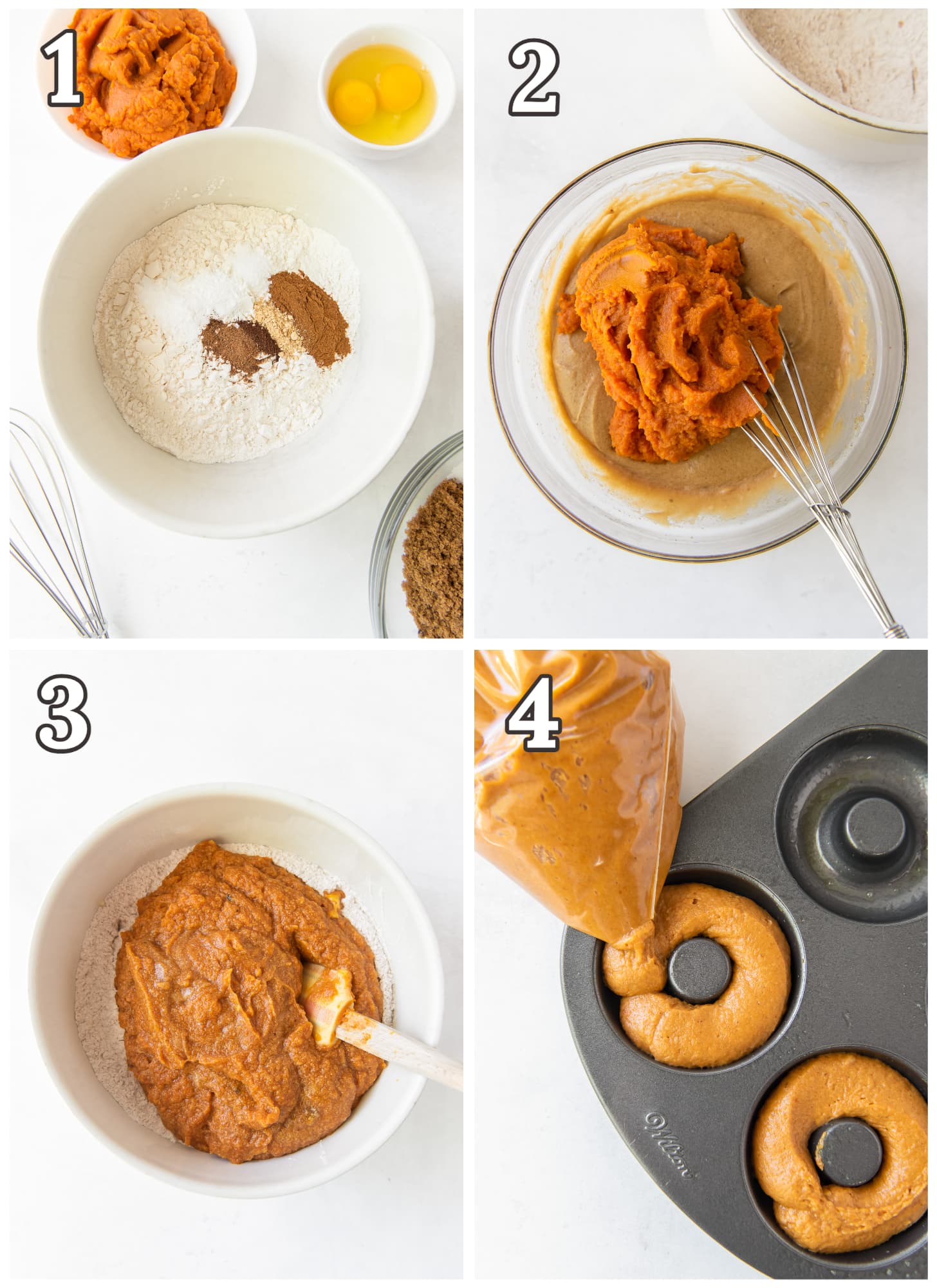 photo collage demonstrating how to make pumpkin donut batter in a mixing bowl