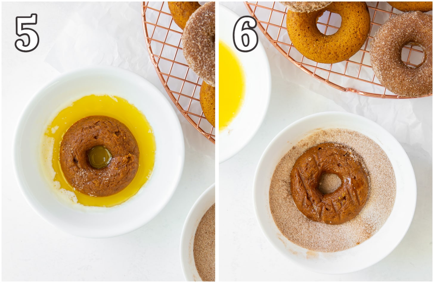 photo collage demonstrating how to dip baked donuts in melted butter and cinnamon sugar