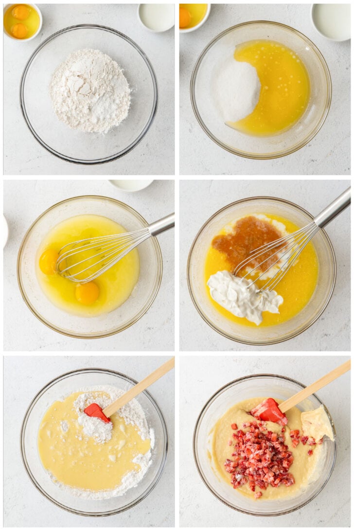 photo collage demonstrating how to make strawberry muffin batter in a mixing bowl
