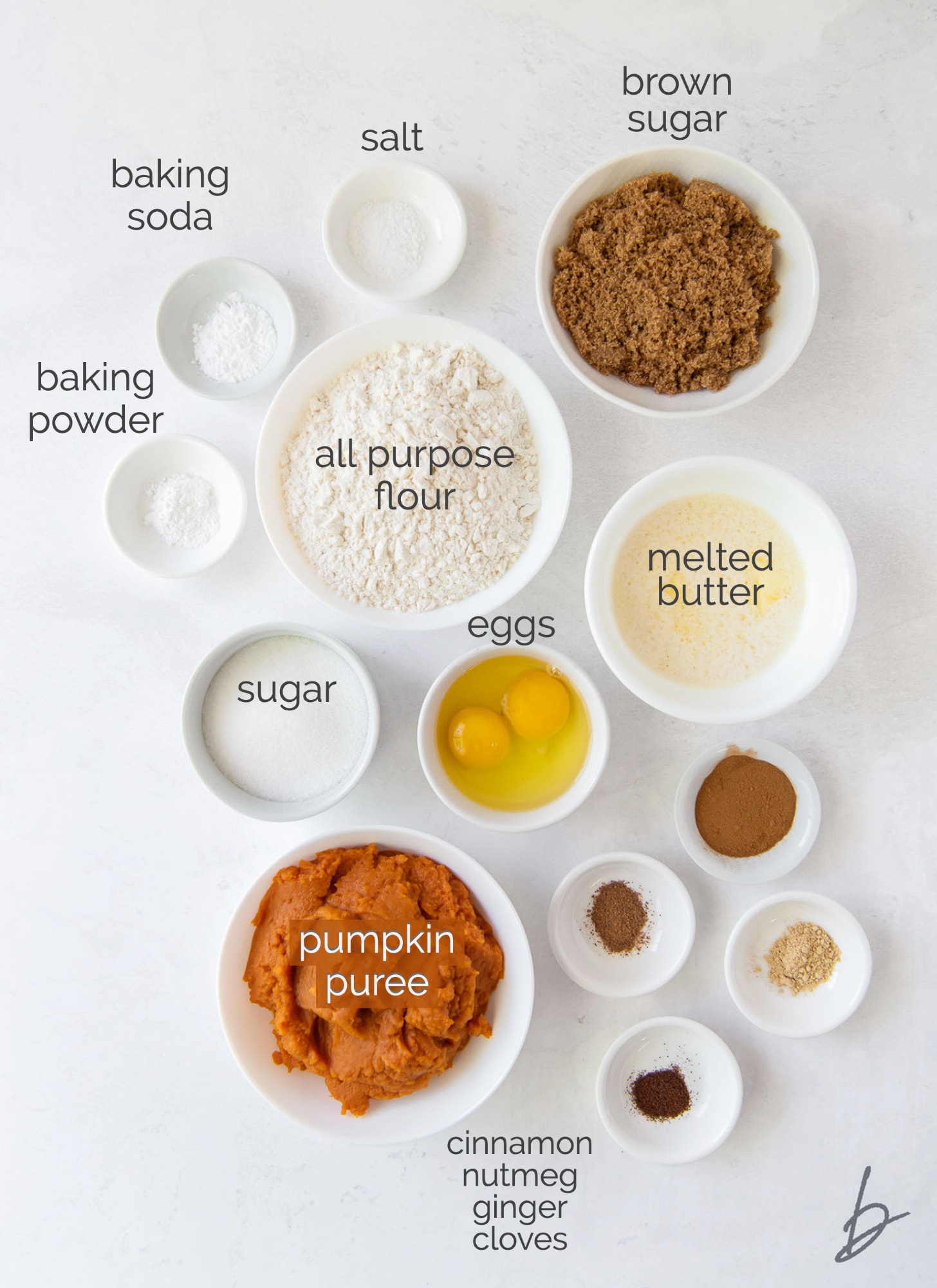 pumpkin donuts ingredients in bowls labeled with text
