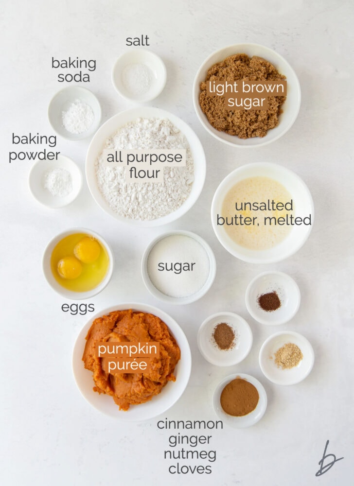 pumpkin muffin ingredients in bowls labeled with text