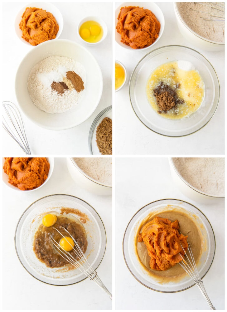 photo collage demonstrating how to make pumpkin muffins in a glass mixing bowl