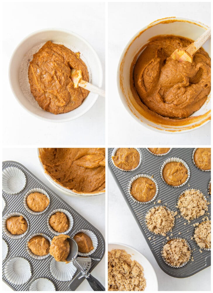 photo collage demonstrating how to make pumpkin muffins in a glass mixing bowl and muffin tin