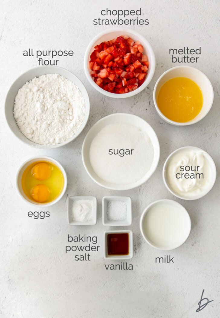 strawberry muffin ingredients in bowls with text