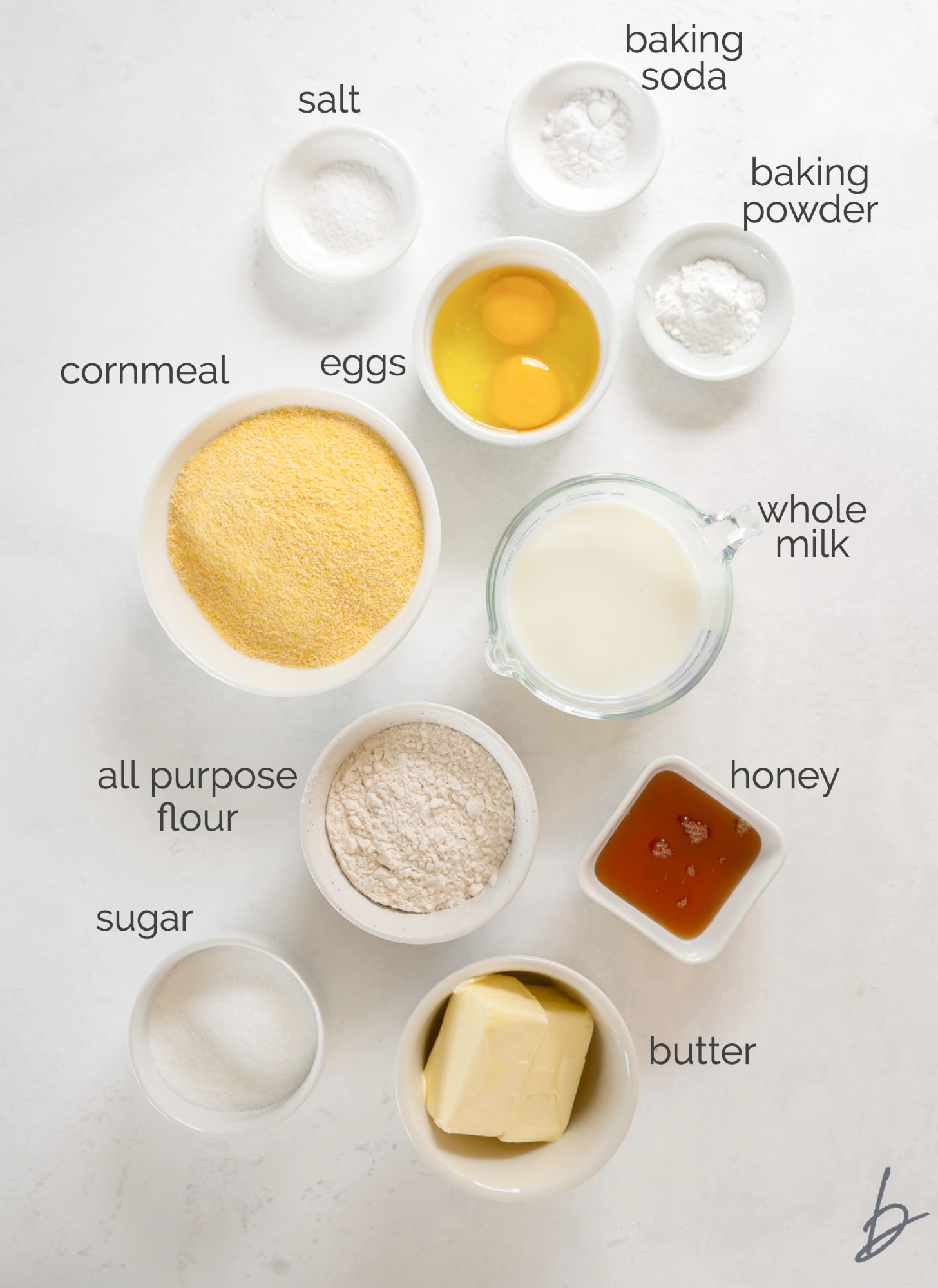 cornbread muffin ingredients in bowls labeled with text