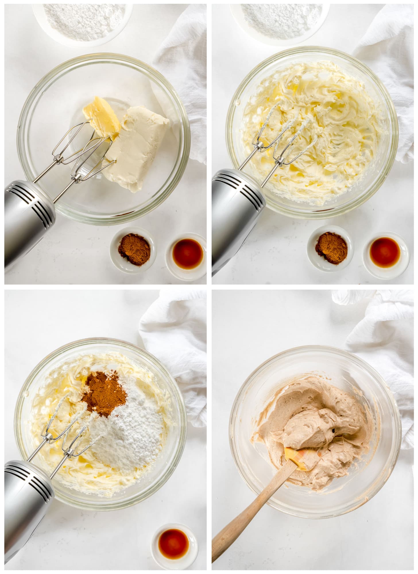 photo collage demonstrating how to make cinnamon cream cheese frosting in a glass mixing bowl