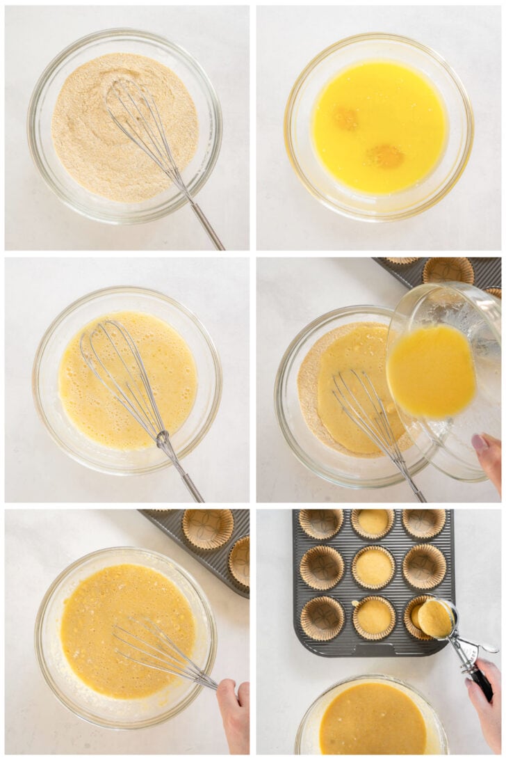 photo collage demonstrating how to make cornbread muffins in a mixing bowl and muffin tin