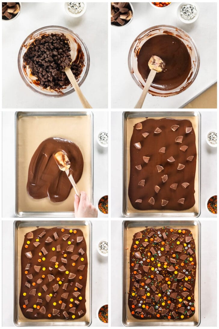 photo collage demonstrating how to make halloween bark on baking sheet