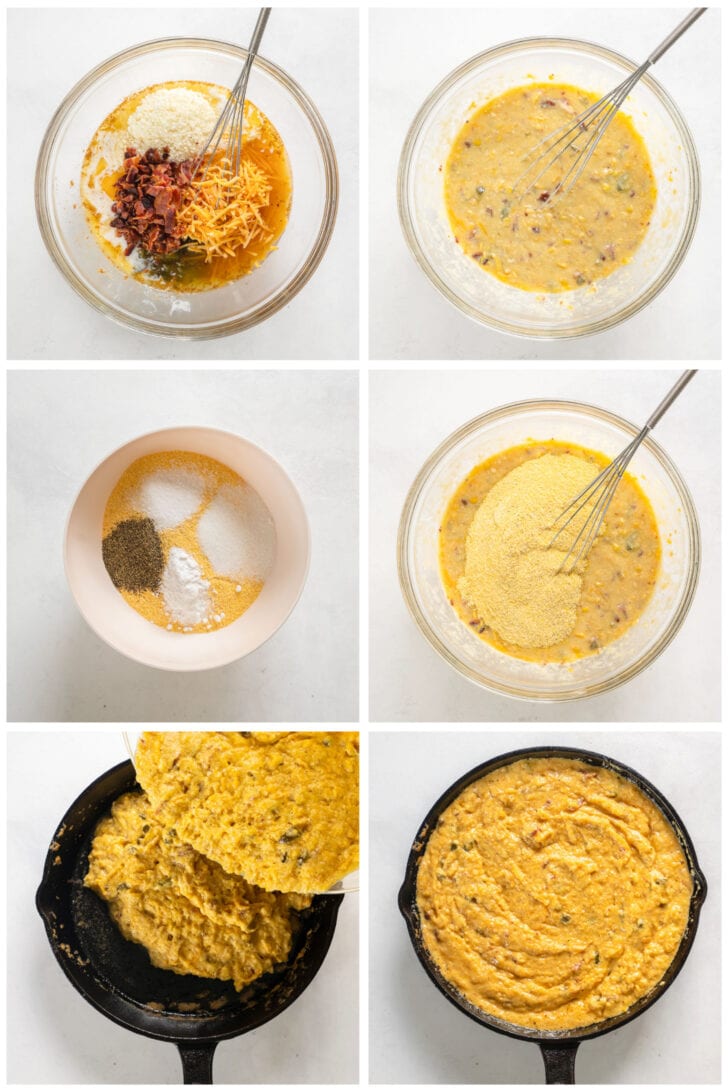 photo collage demonstrating how to make jalapeno cheese cornbread in a mixing bowl and skillet
