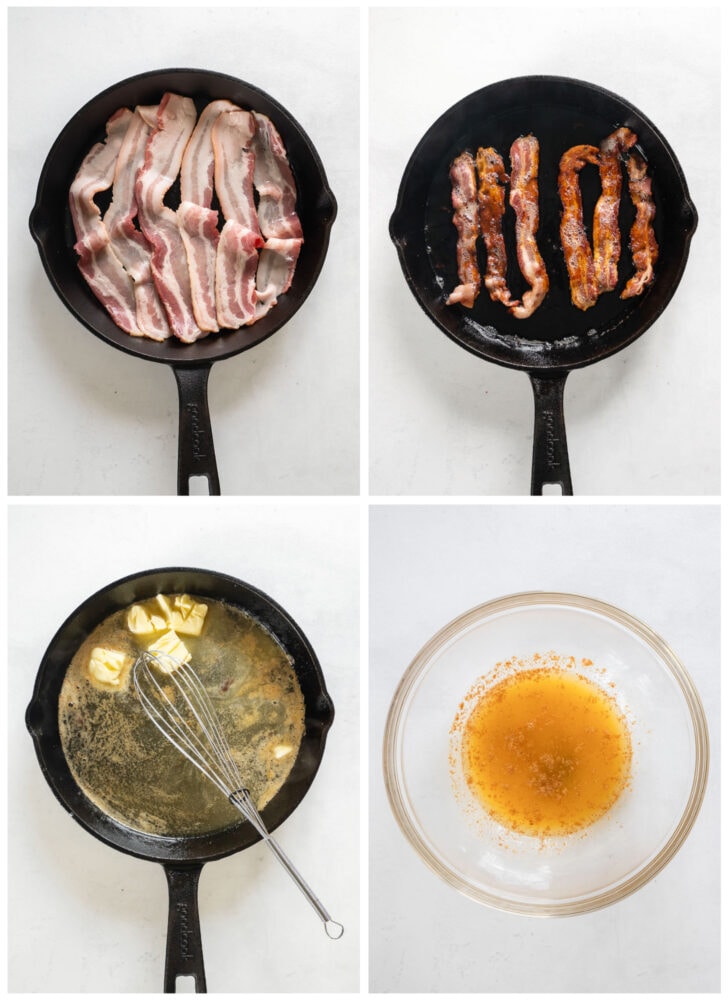 photo collage demonstrating how to fry bacon in a skillet and melt butter in bacon fat