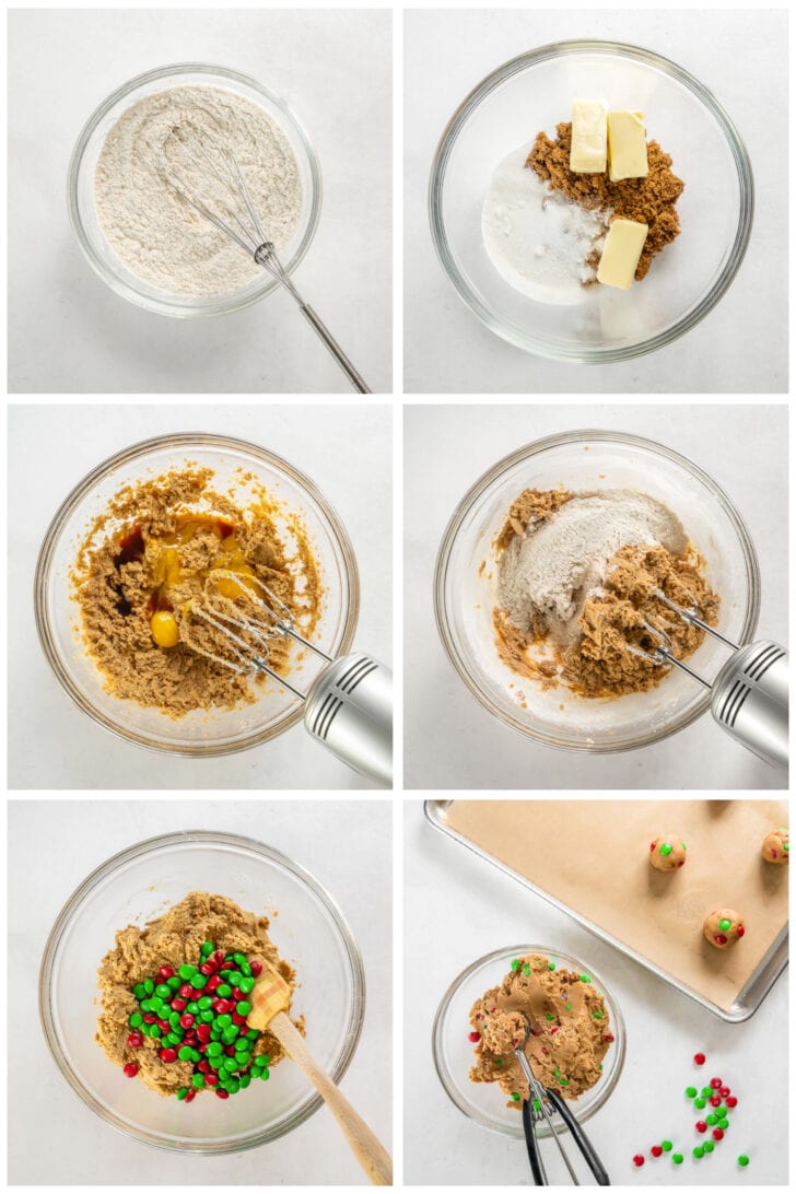 photo collage demonstrating how to make m&m cookie dough in a mixing bowl with a hand mixer