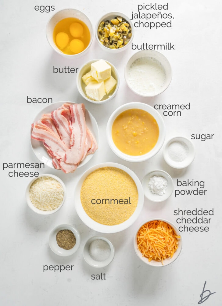 jalapeno cheese cornbread ingredients in bowls labeled with text
