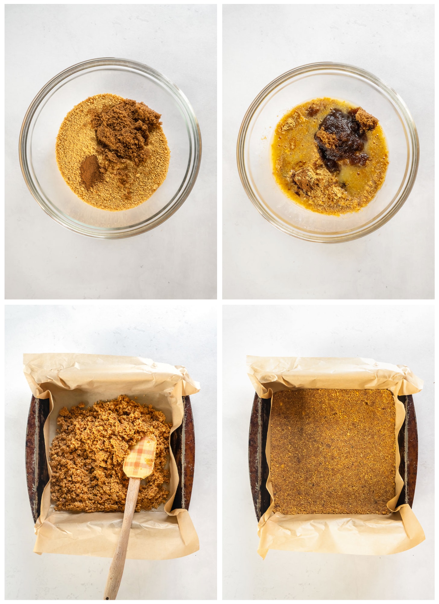photo collage demonstrating how to make graham cracker crust for no bake pumpkin cheesecake bars