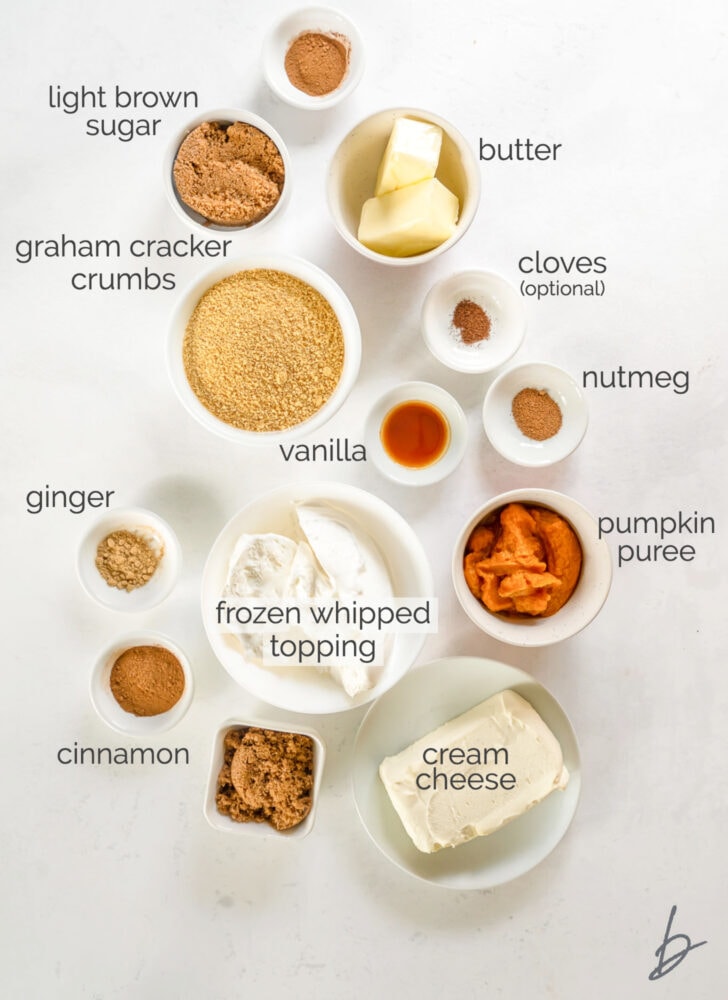 no bake pumpkin cheesecake bars ingredients in bowls labeled with text