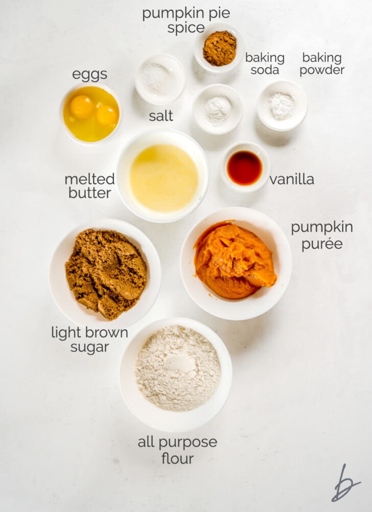pumpkin cupcakes ingredients in bowls labeled with text