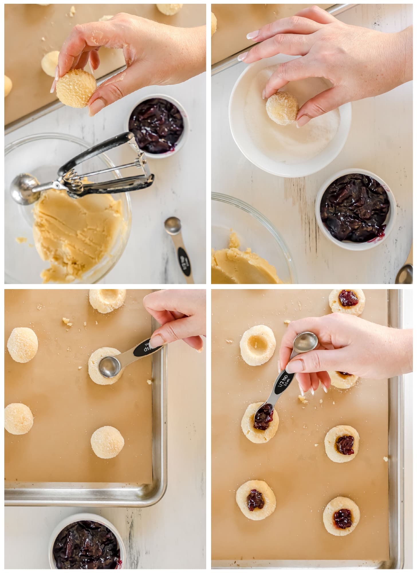 photo collage demonstrating how to shape and fill thumbprint cookies with raspberry jam