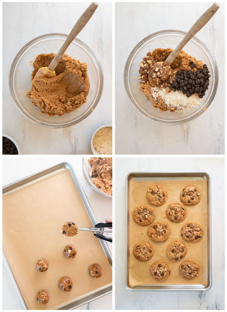 photo collage demonstrating how to make almond butter cookies in a glass mixing bowl