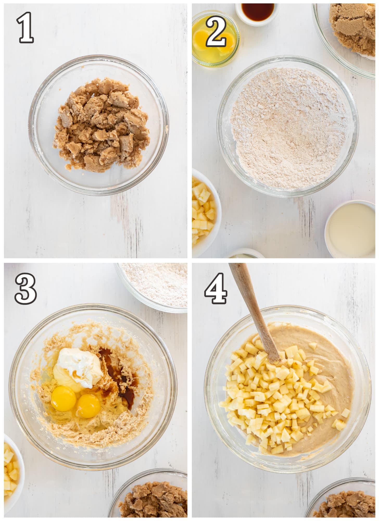 photo collage demonstrating how to make apple crumble muffins in a mixing bowl.