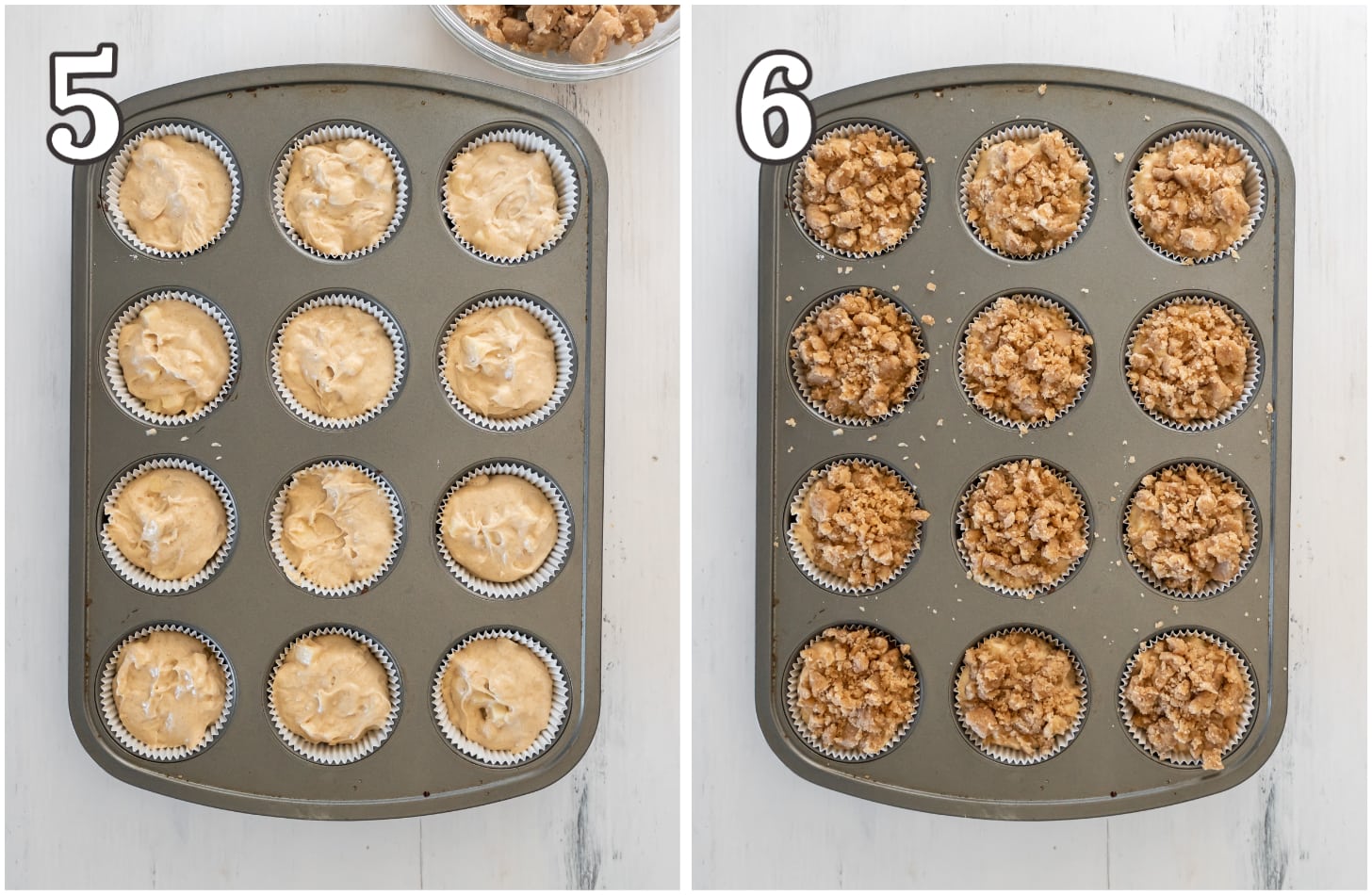 photo collage demonstrating how to make apple crumble muffins in muffin tin.
