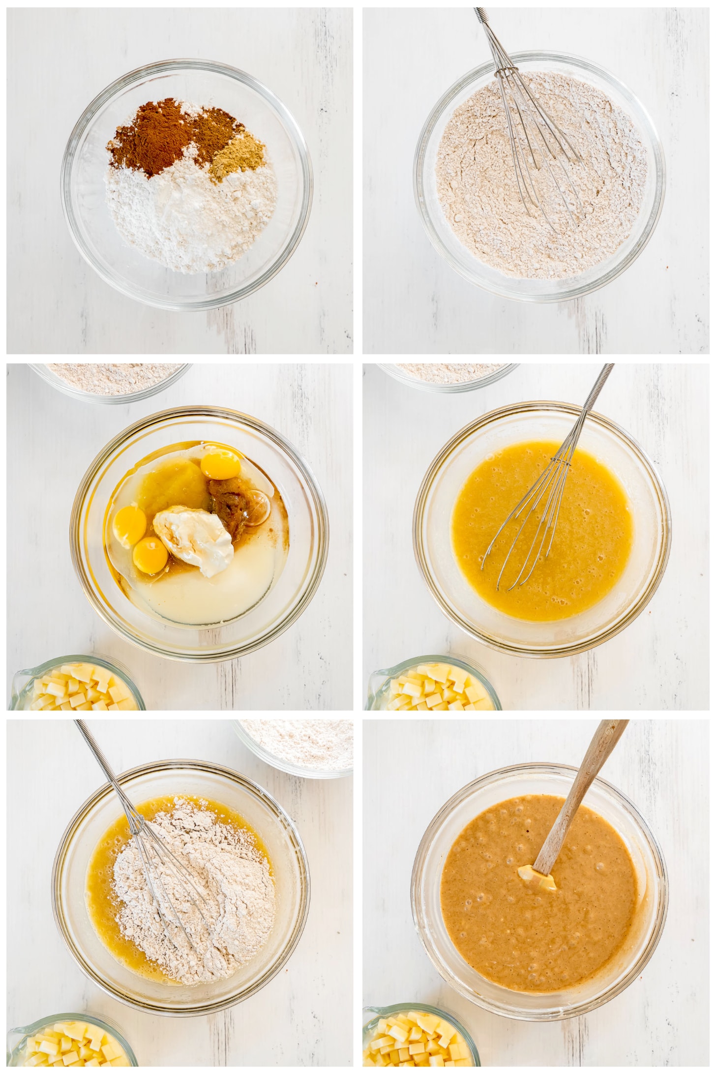 photo collage demonstrating how to make apple spice cake batter in a mixing bowl