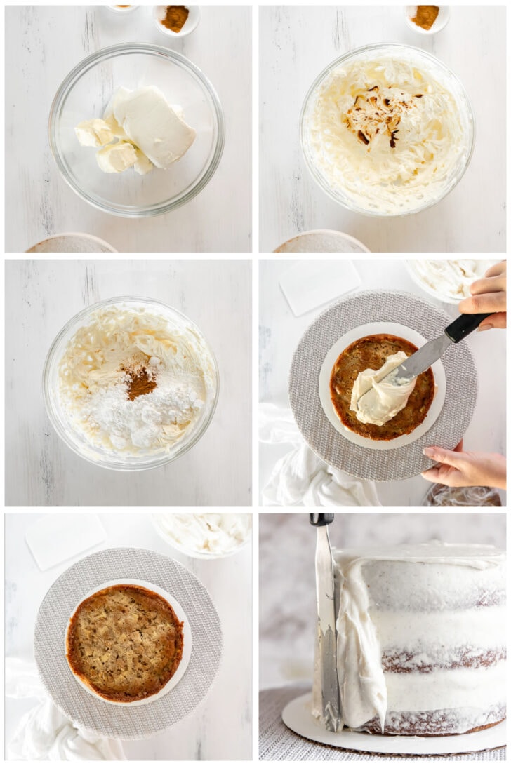photo collage demonstrating how to make cinnamon cream cheese frosting in a mixing bowl and frost an apple layer cake