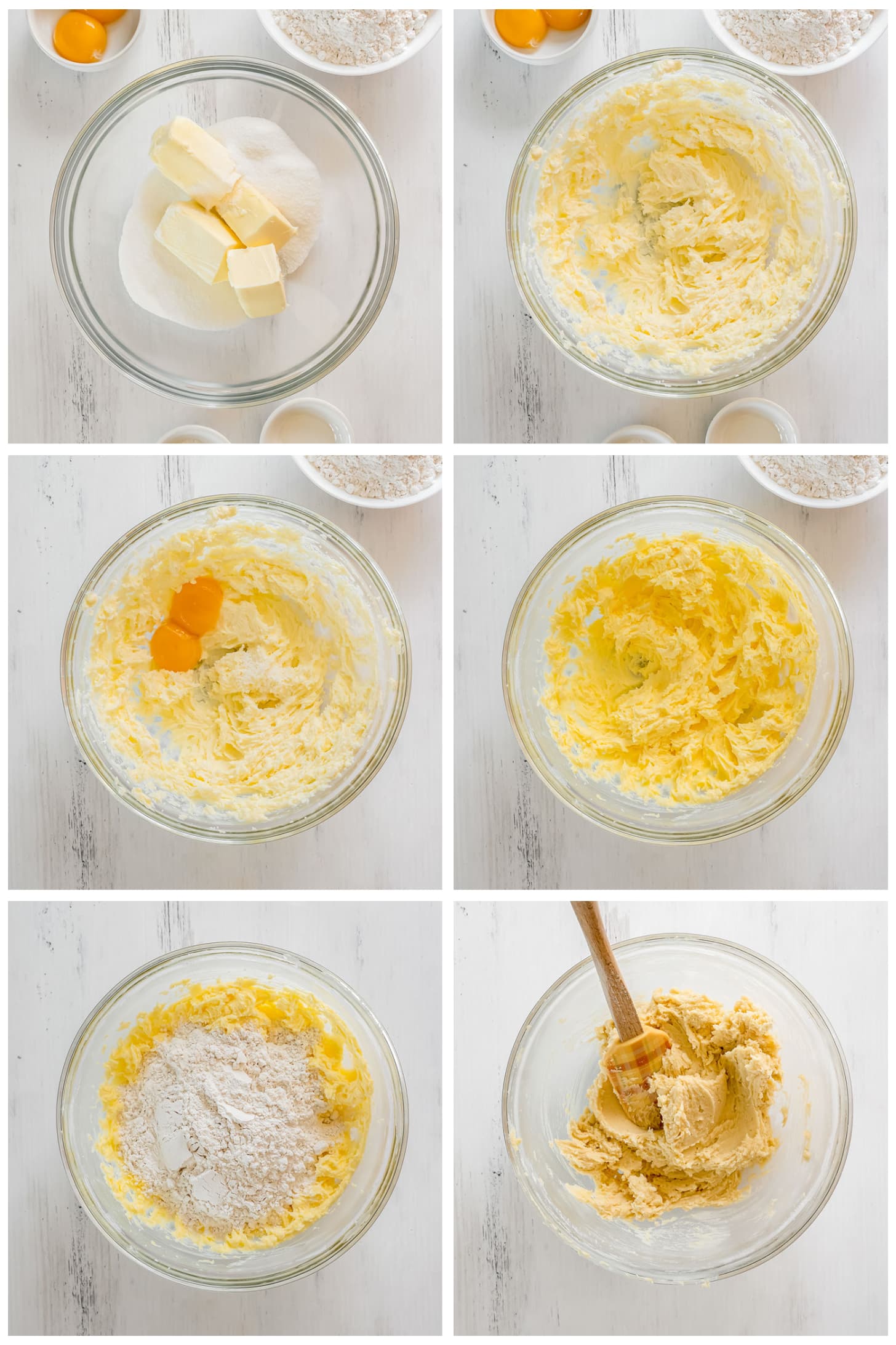 photo collage demonstrating how to make thumbprint cookie dough in mixing bowl
