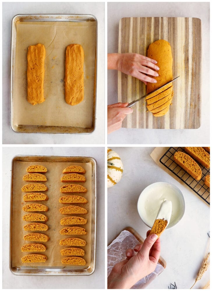 photo collage demonstrating how to shape and cut pumpkin biscotti