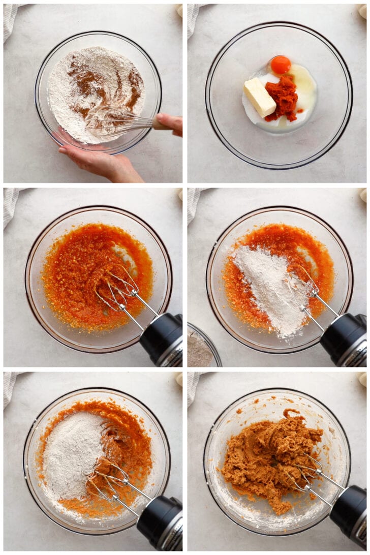 photo collage demonstrating how to make pumpkin biscotti dough in a glass mixing bowl with a hand mixer
