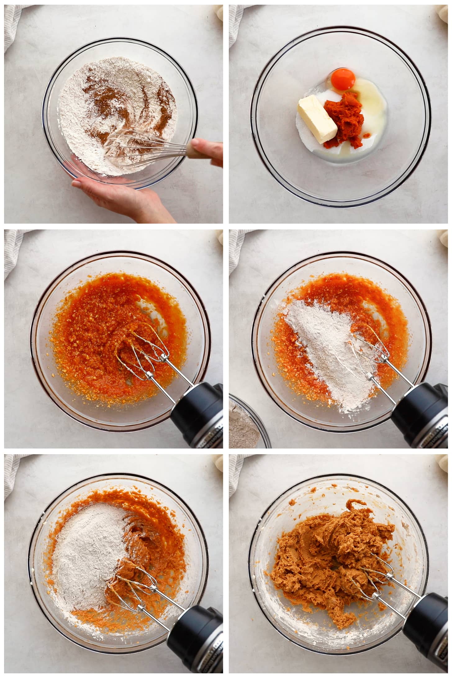 Photo collage demonstrating how to make pumpkin biscotti dough in a glass mixing bowl with a hand mixer.