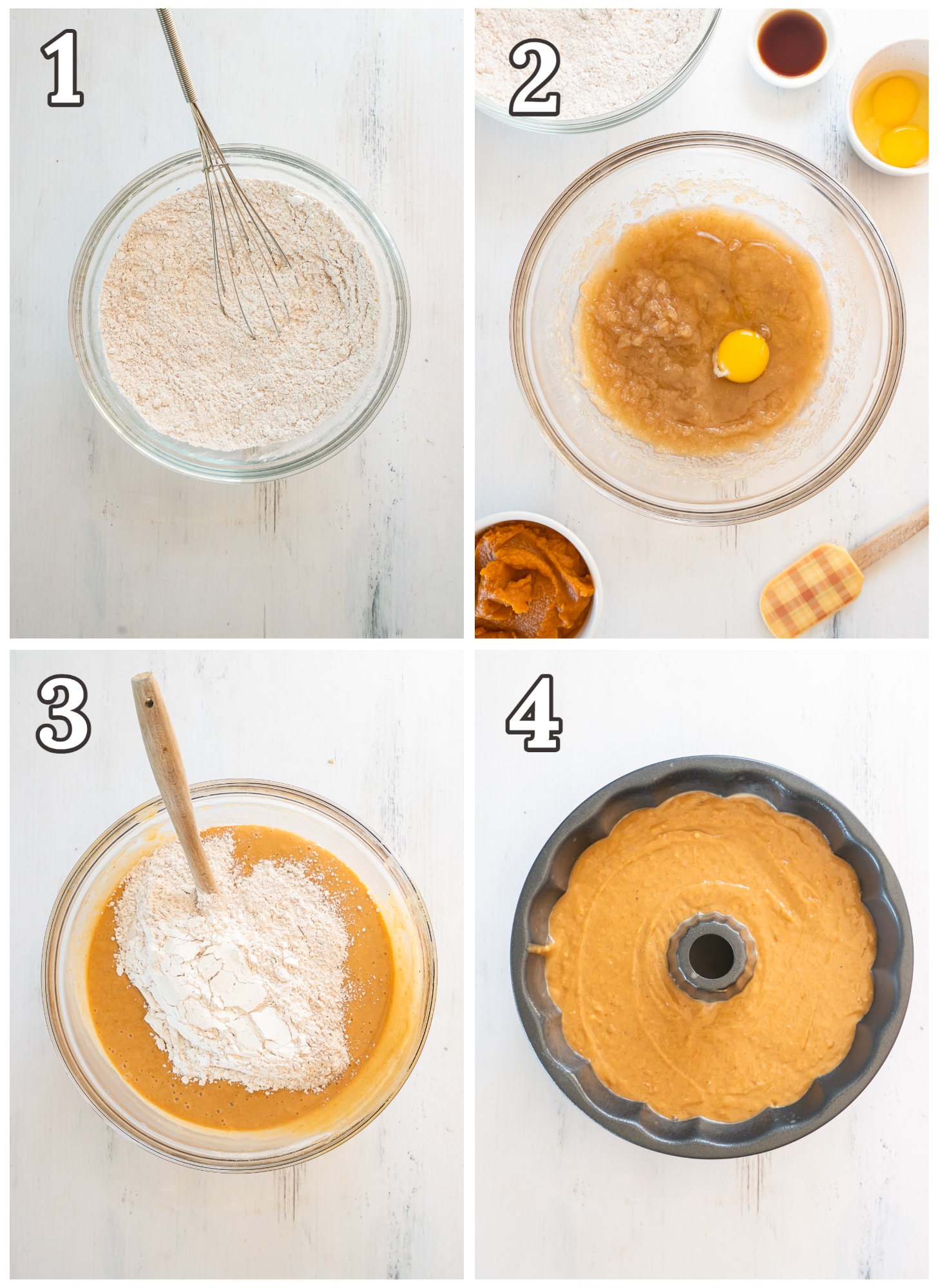 photo collage demonstrating how to make pumpkin bundt cake in a mixing bowl and bundt cake pan