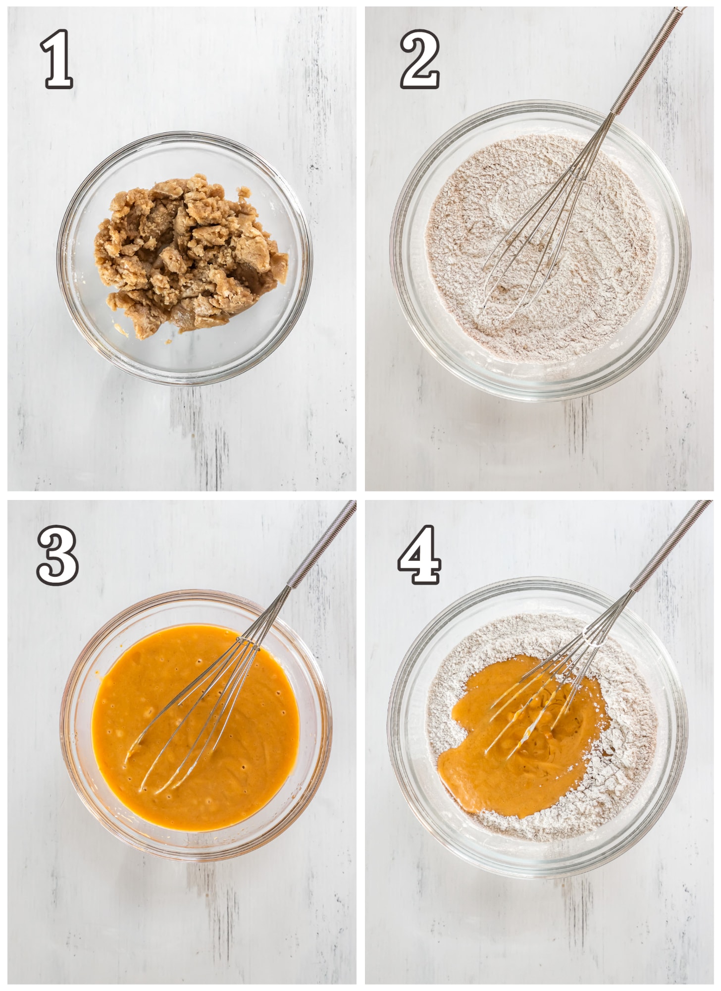 photo collage demonstrating how to make pumpkin coffee cake batter in a glass mixing bowls.