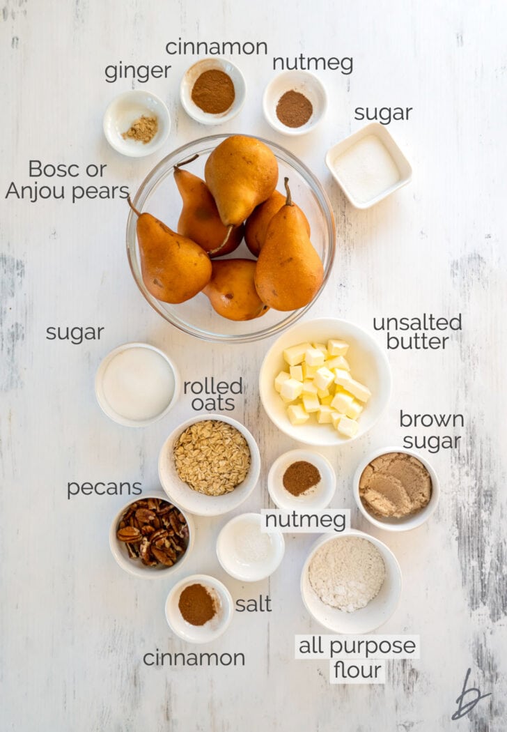 pear crisp ingredients in bowls labeled with text