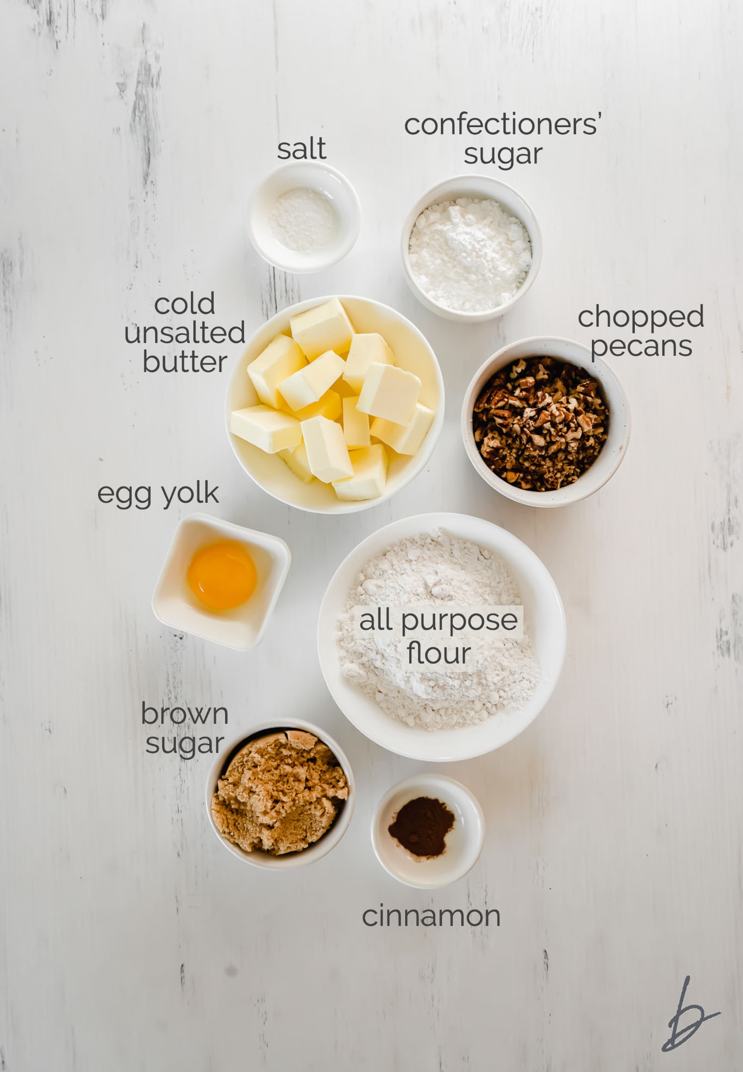 pecan sandies cookies ingredients in bowls labeled with text